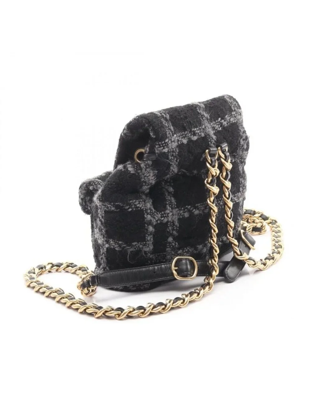 Chanel Backpack CC Logo Black Gray Wool Quilted Chain